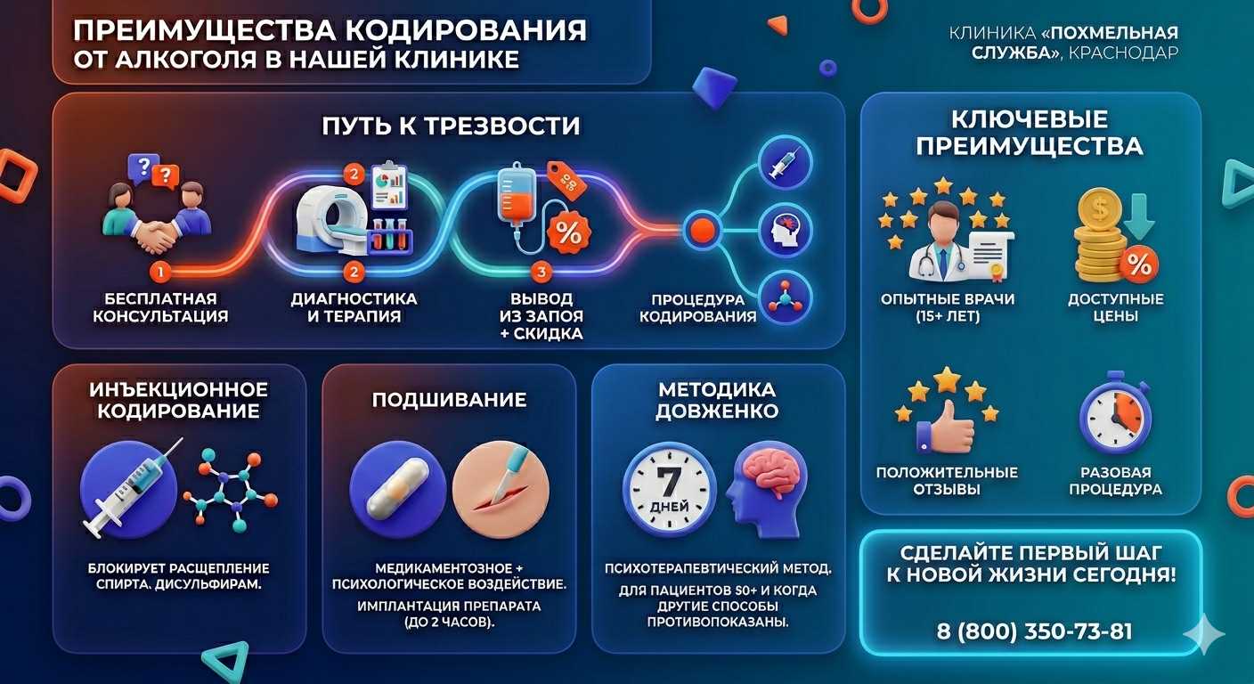 Инфографика о методах кодирования от алкоголя в Жатае: инъекции, подшивание, метод Довженко. Преимущества клиники и этапы лечения.